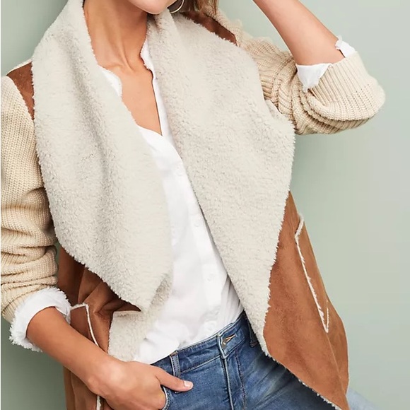 Anthropologie Moth Sherpa Suede Moto Cardigan Sweater Size Medium - Picture 1 of 6